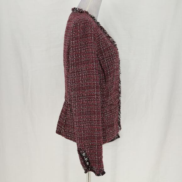 WHBM Jacket Womens 10 Burgundy Plaid Tweed Fringe Lined Blazer Peplum Open Front - Picture 5 of 15